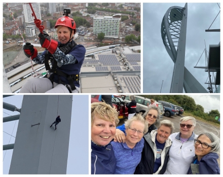 Photo collage of lady abseiling down the Spinnaker Tower.