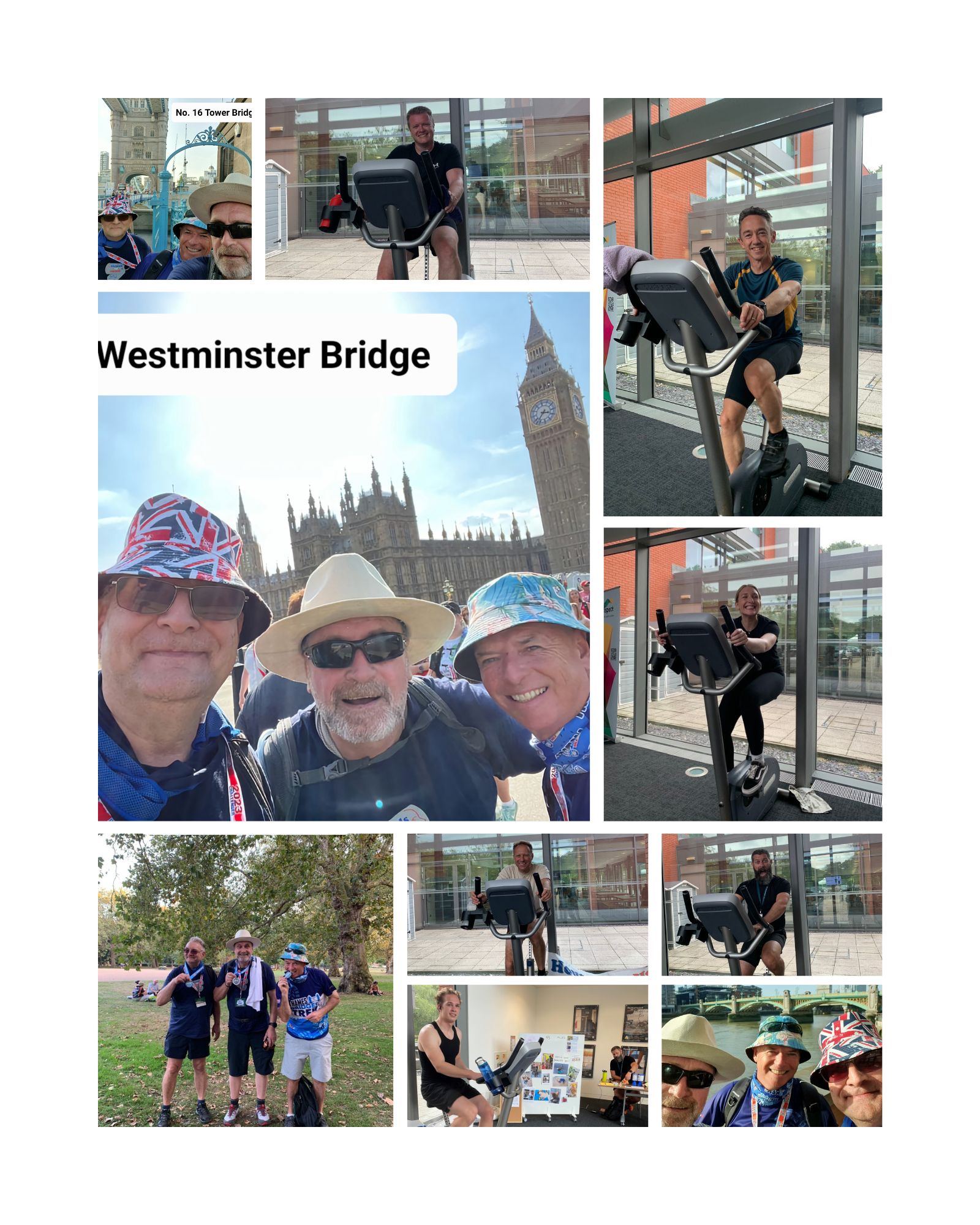 Collage of colleagues fundraising by exercise bike, walking in London