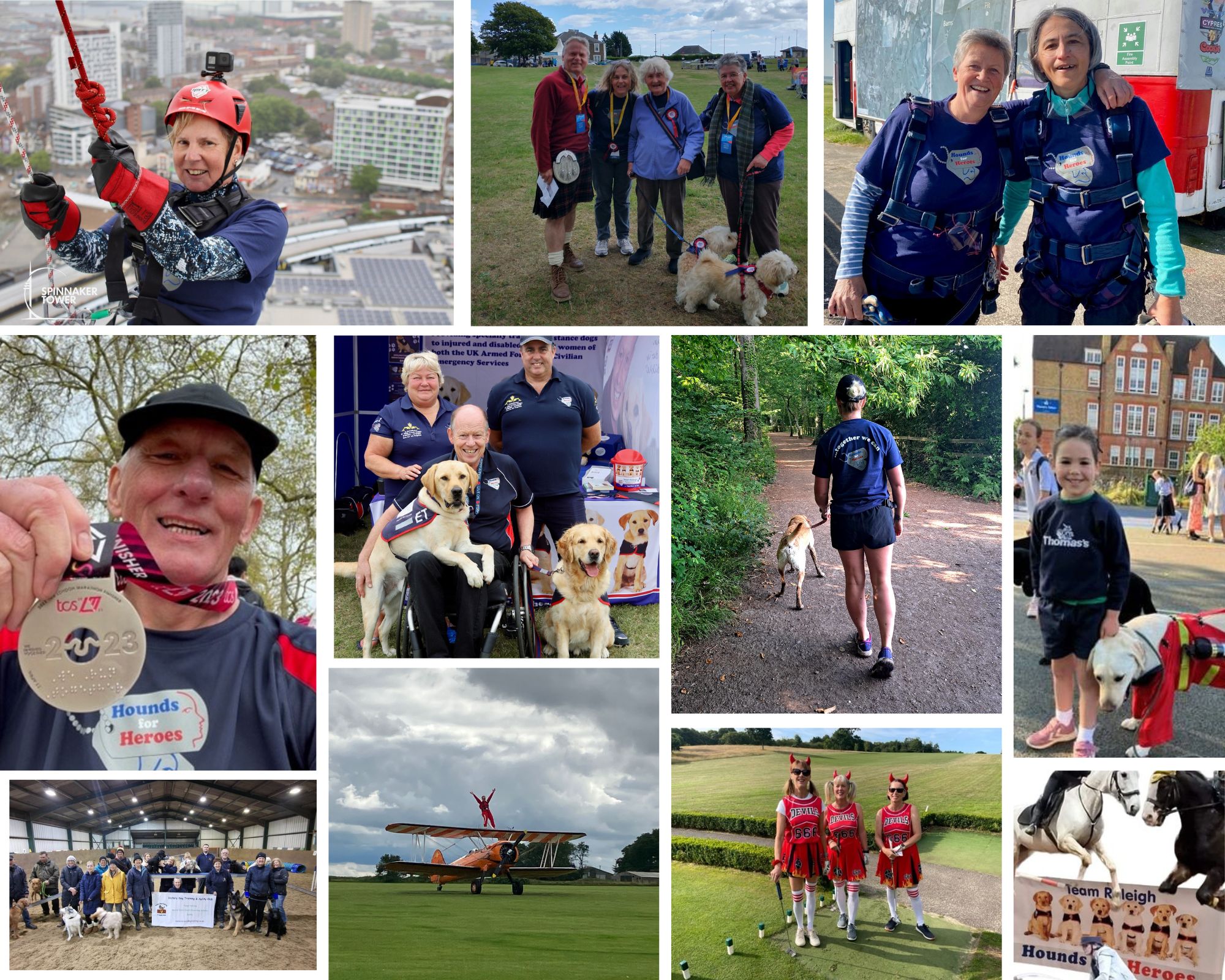 Collage of photos of people having fun, fundraising for Hounds for Heroes.