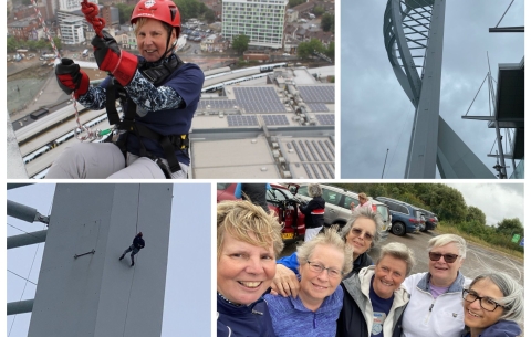 Photo collage of lady abseiling down the Spinnaker Tower.