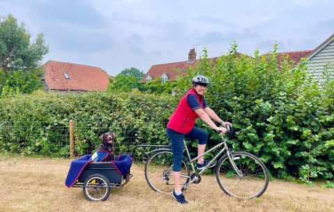 Hounds for Heroes Trainer Alison on a cycle pulling Cleo in a dog trailer