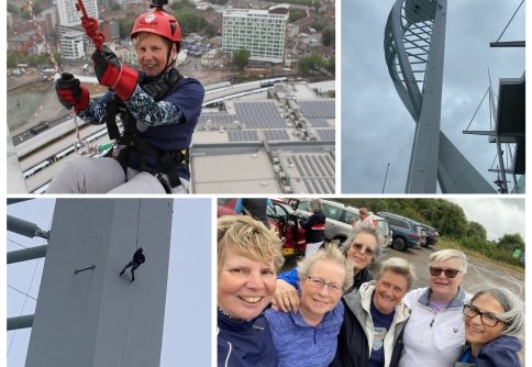 Photo collage of lady abseiling down the Spinnaker Tower.